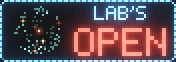 The Small Honesty Project's button: a dot-matrix sign reading LAB'S OPEN beside a small lattice, drawing itself in a loop